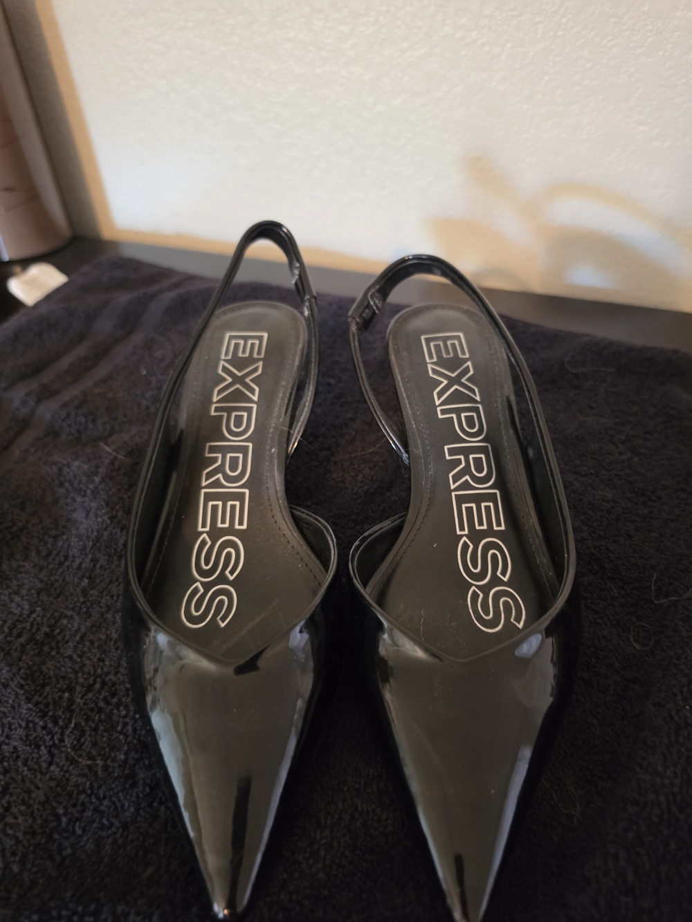 Express Black Patent Pointed-Toe Kitten Heels, Size 7